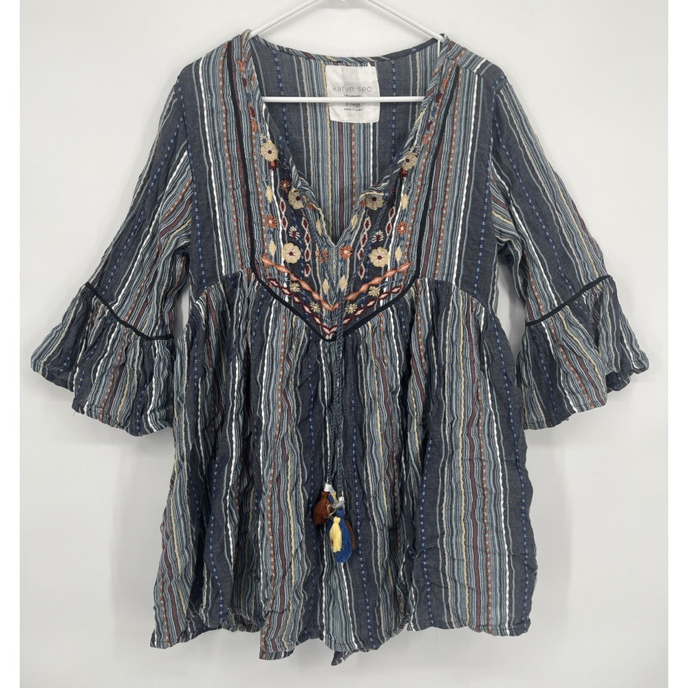 Karyn Seo Blouse Embroidered Floral Boho Peasant Top Handmade In India Cotton XL